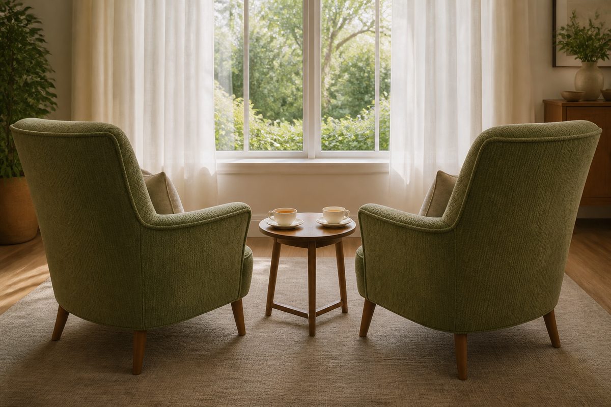 Two armchairs side by side facing a window, with two cups of tea between them