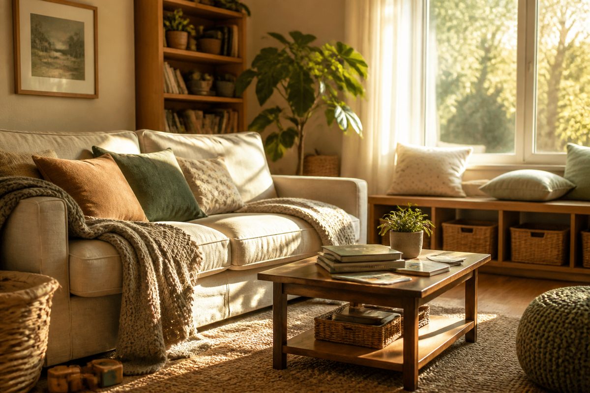 A warm family living room with a soft sofa, blankets and children's books