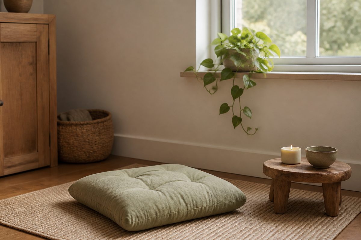 A quiet corner with a floor cushion, a lit candle and a plant by the window
